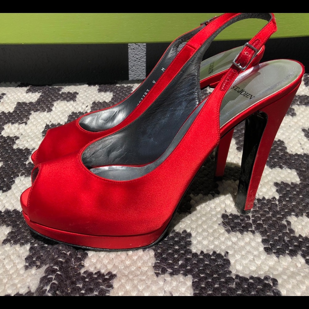 Red Satin, St. John peep toe sling backs size 9